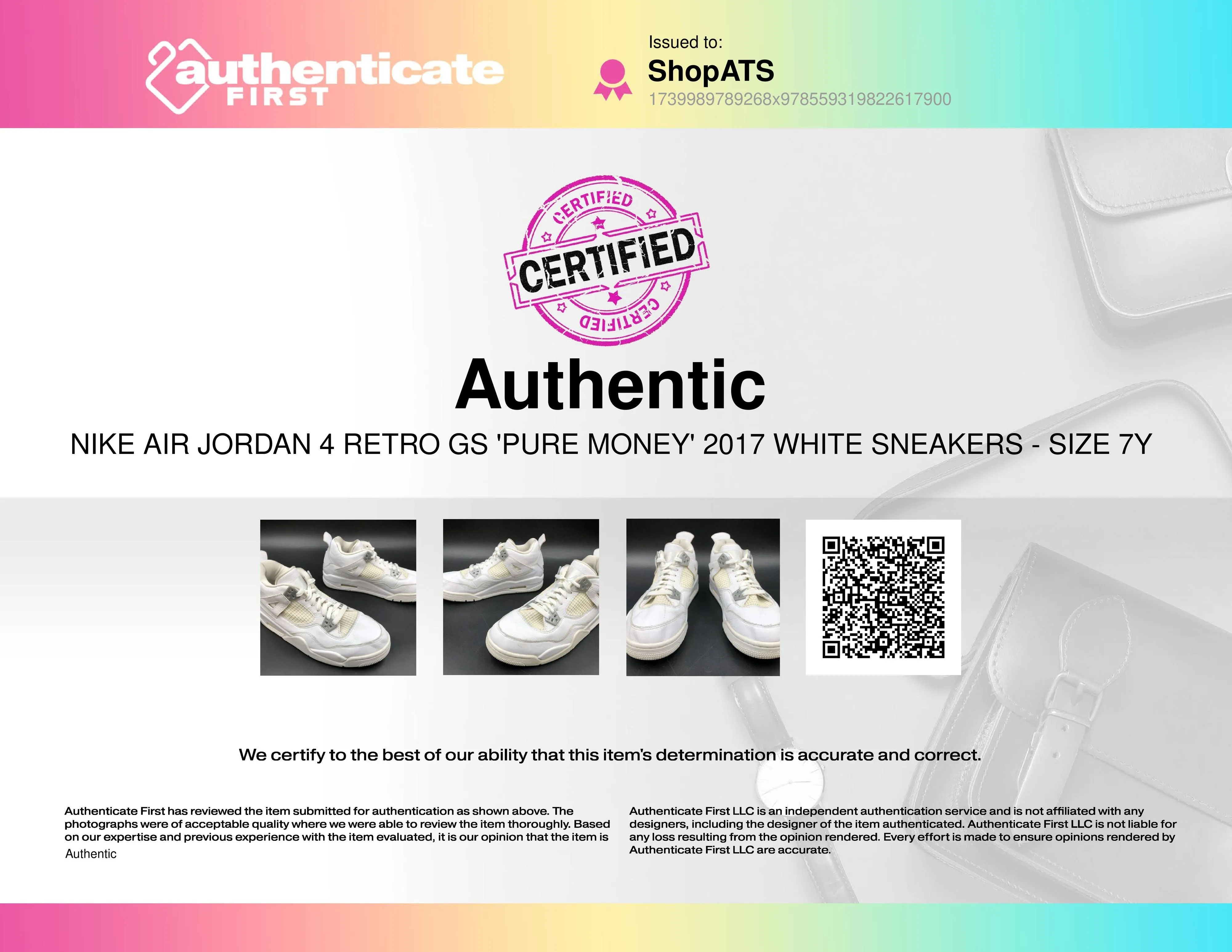 Nike Air Jordan 4 Retro GS 'Pure Money' 2017 White Sneakers - Size 7Y ( COA)