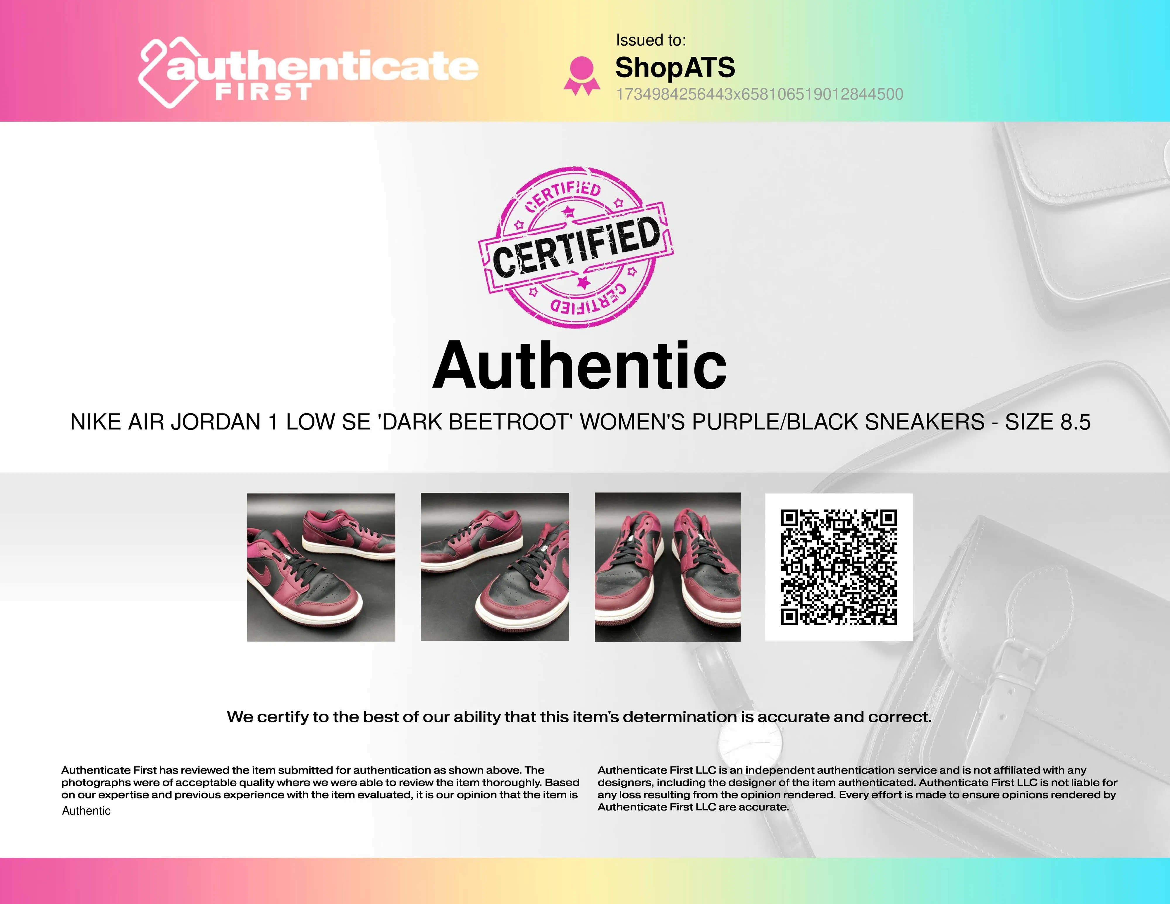 Nike Jordan 1 Low SE 'Dark Beetroot' Women's Purple/Black Sneakers - 8.5 ( COA)