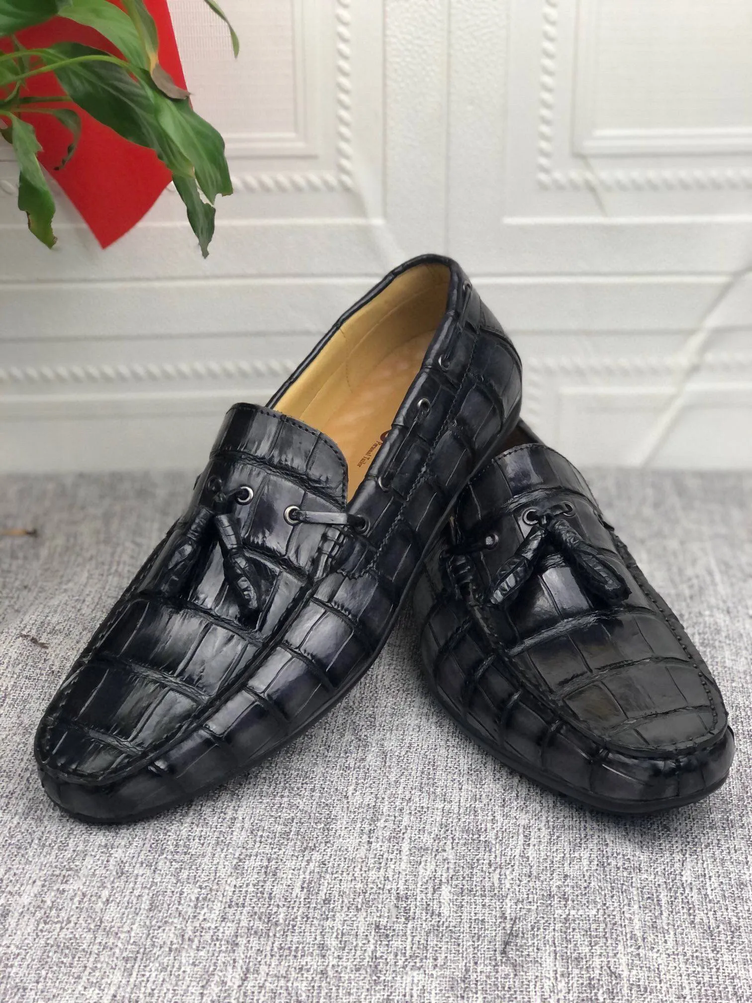 Preorder Crocodile  Leather Shoes Mens Slip-On Driving Loafer Shoes Vintage Light Grey