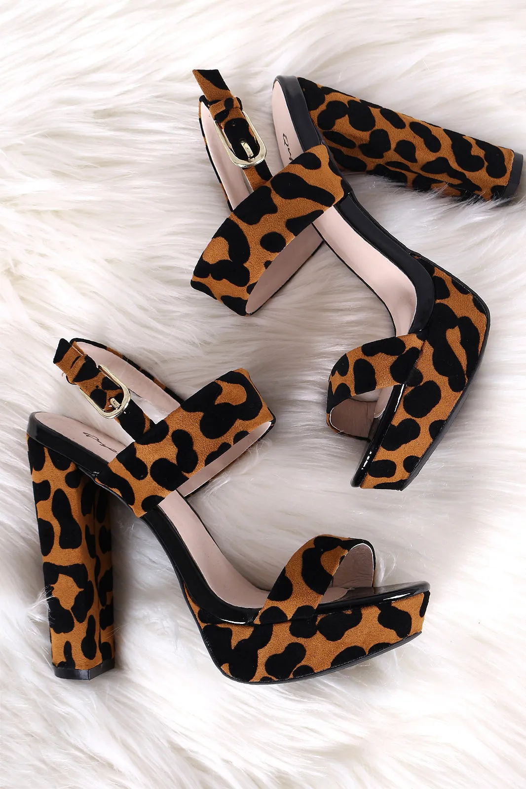 Qupid Leopard Velvet Open Toe Chunky Platform Heel