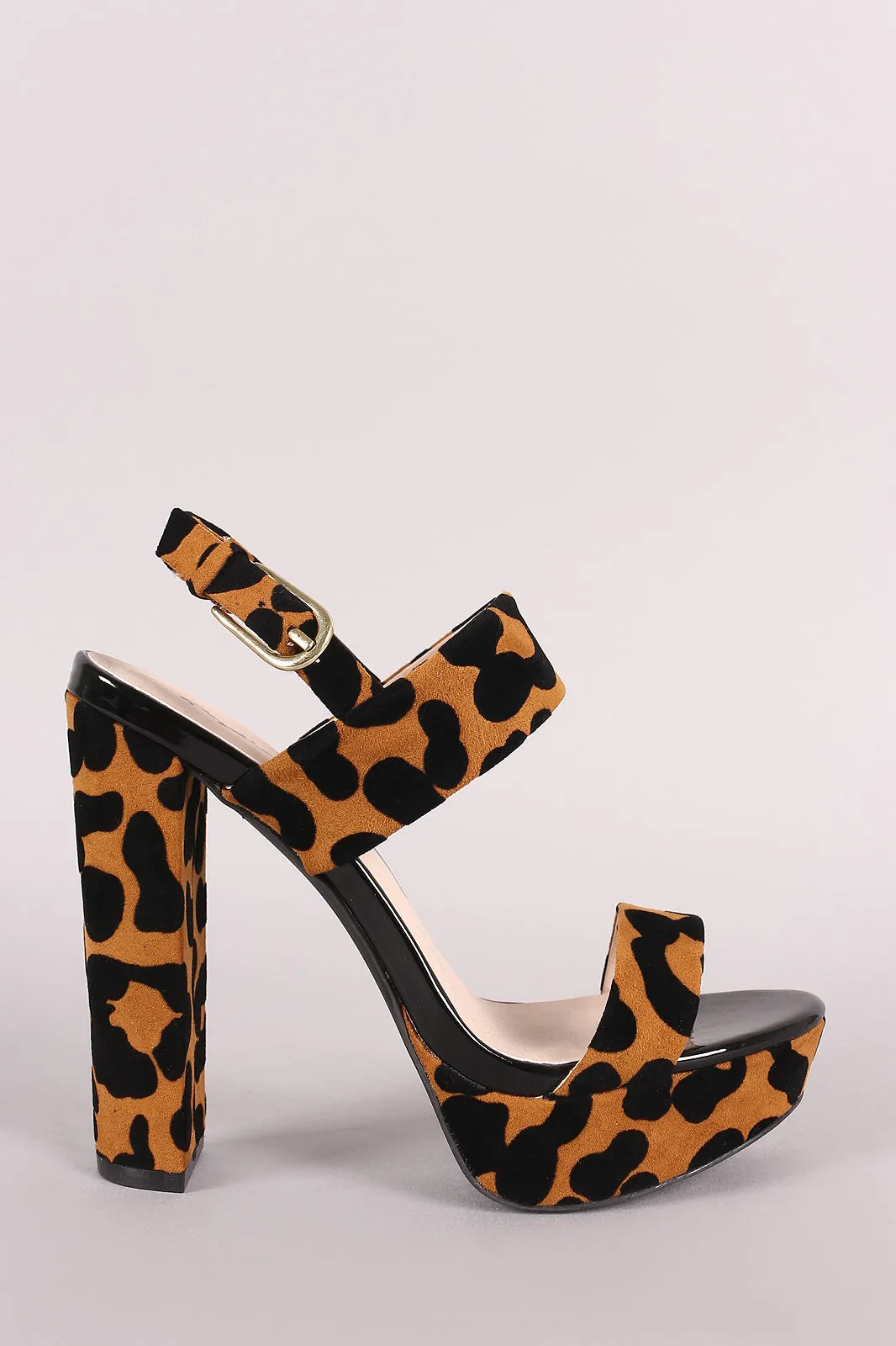 Qupid Leopard Velvet Open Toe Chunky Platform Heel