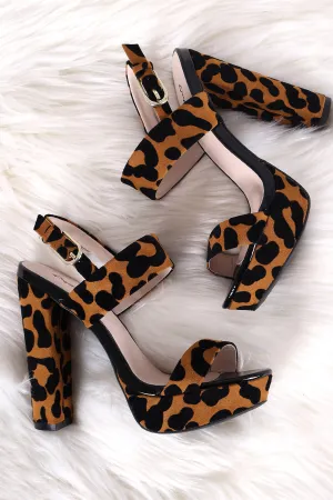 Qupid Leopard Velvet Open Toe Chunky Platform Heel