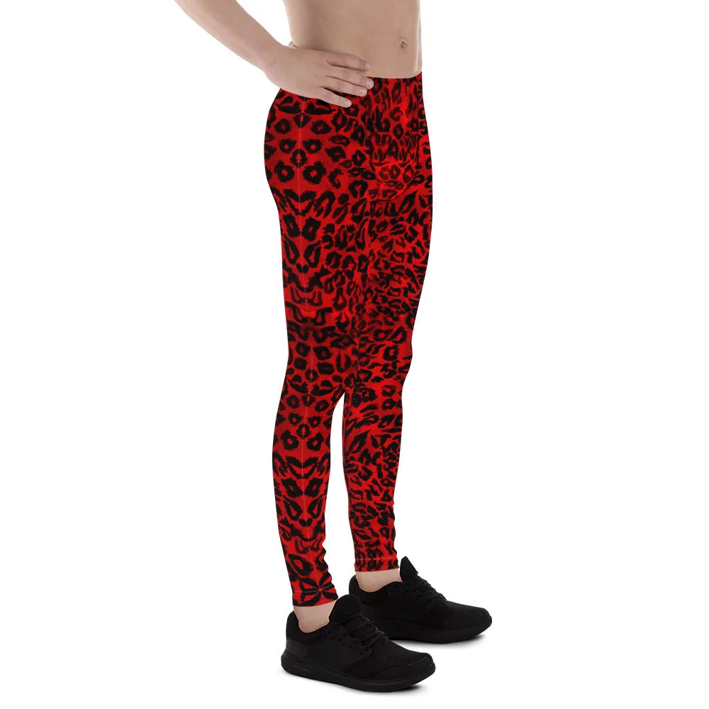 Red Leopard Men's Leggings, Red Leopard Animal Print Meggings Running Men Tights-Made in USA/EU/ MX