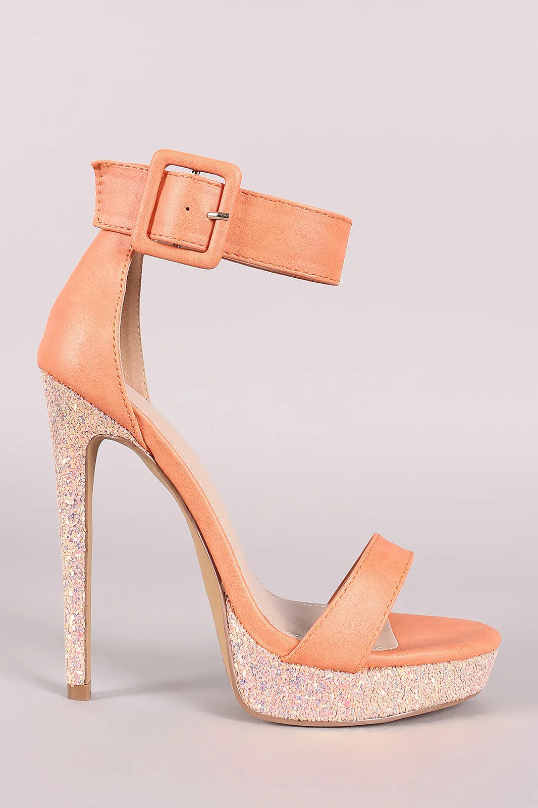 Shoe Republic LA Buckled Ankle Strap Glitter Platform Heel