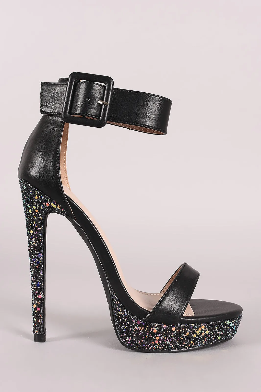 Shoe Republic LA Buckled Ankle Strap Glitter Platform Heel