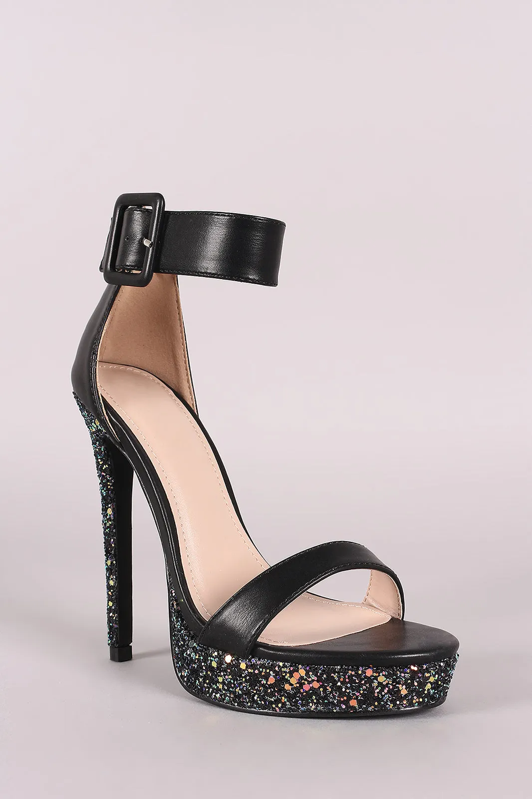 Shoe Republic LA Buckled Ankle Strap Glitter Platform Heel