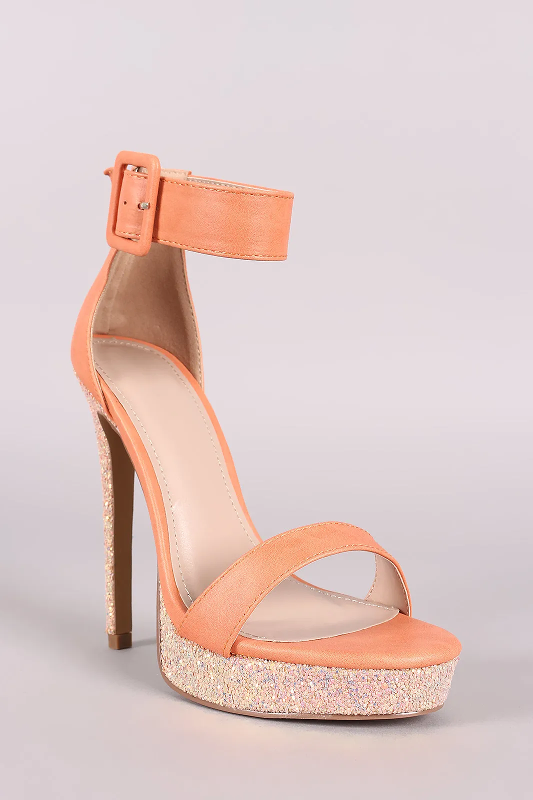 Shoe Republic LA Buckled Ankle Strap Glitter Platform Heel