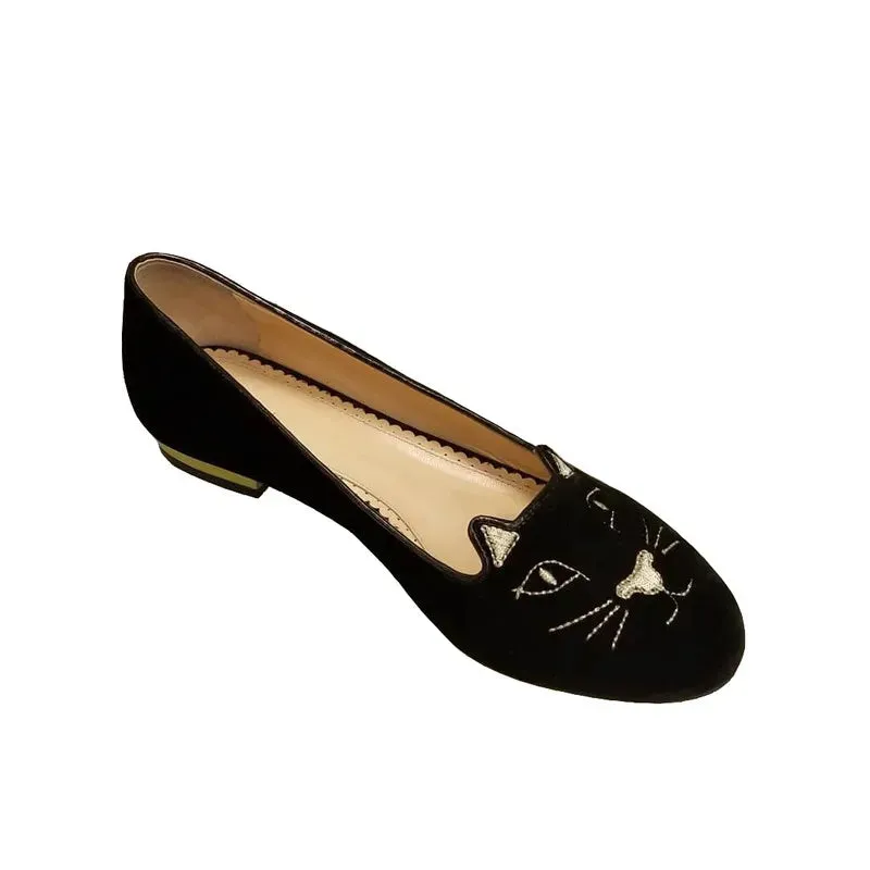 Sohiwoo Gentle evening breeze, same style as small chili peppers, embroidered cat single shoes, fairy shoes, flat bottomed ballet shoes
