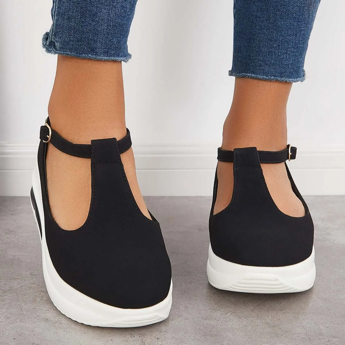 Sohiwoo Women Cutout T-Strap Platform Rocker Shoes Buckle Straps Walking Shoes