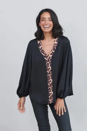 Sovana V-Neck Top Black with Animal Trim