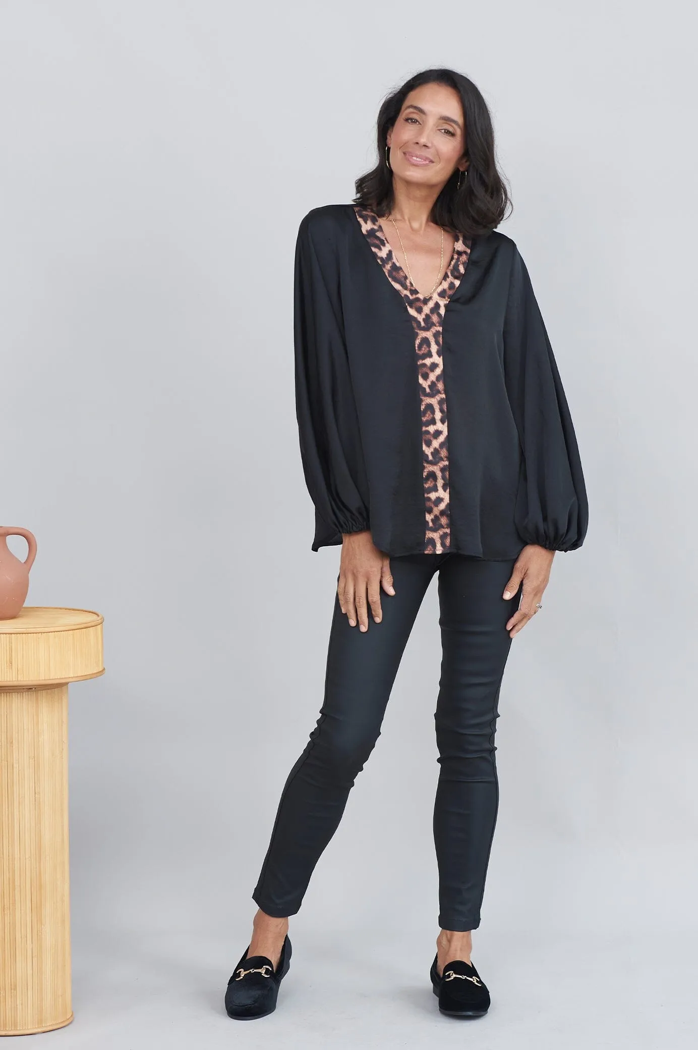 Sovana V-Neck Top Black with Animal Trim