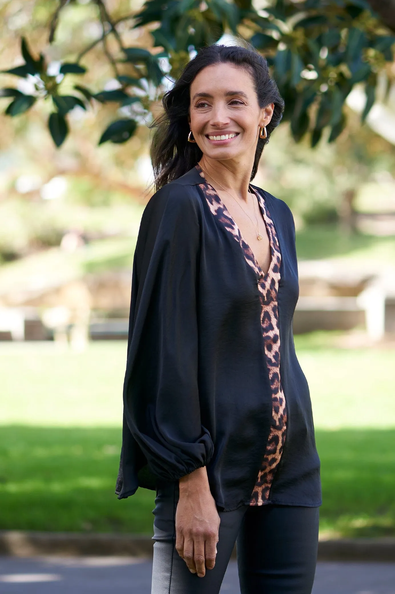 Sovana V-Neck Top Black with Animal Trim