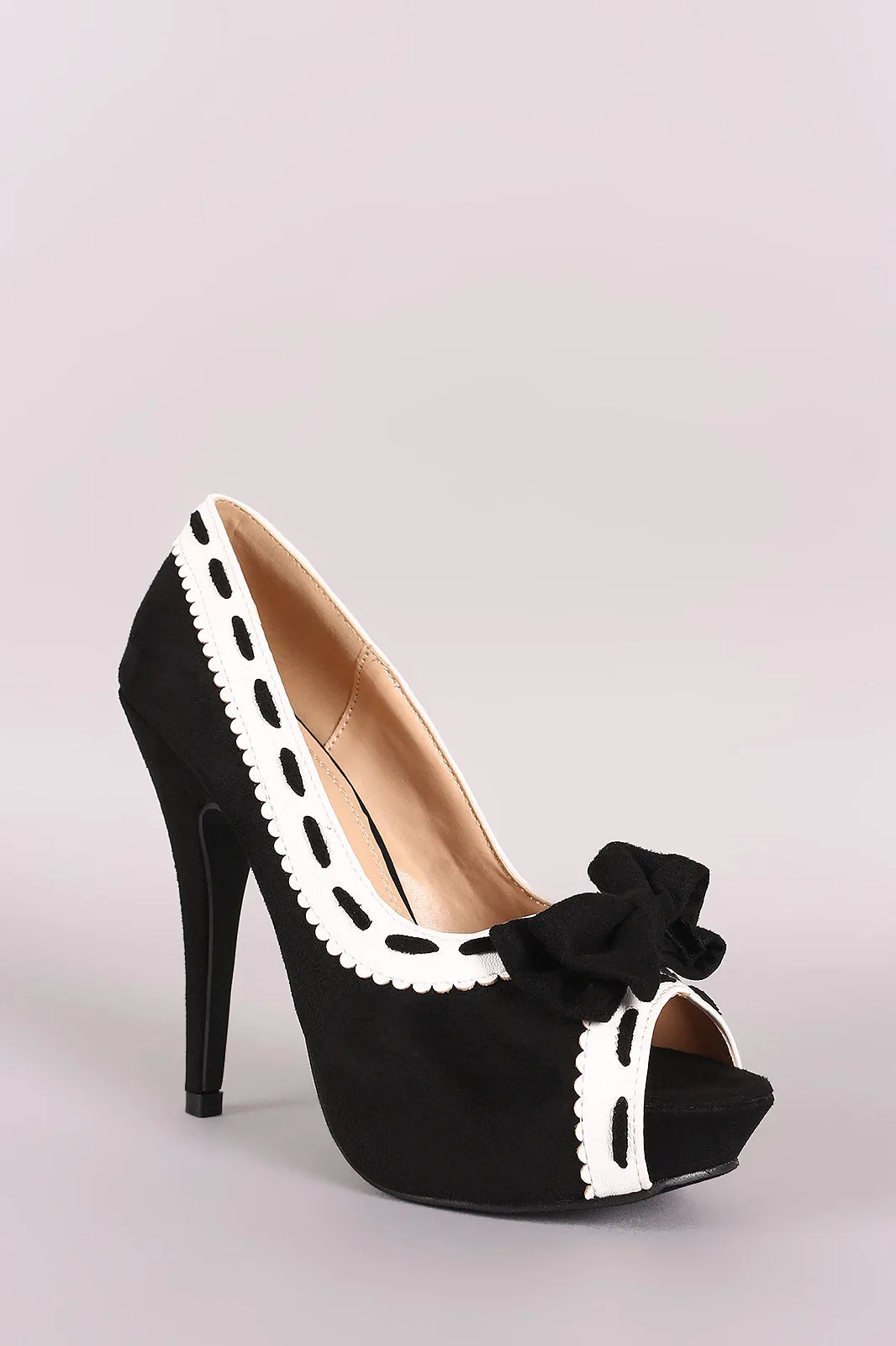 Suede Bow Peep Toe Stiletto Platform Pump