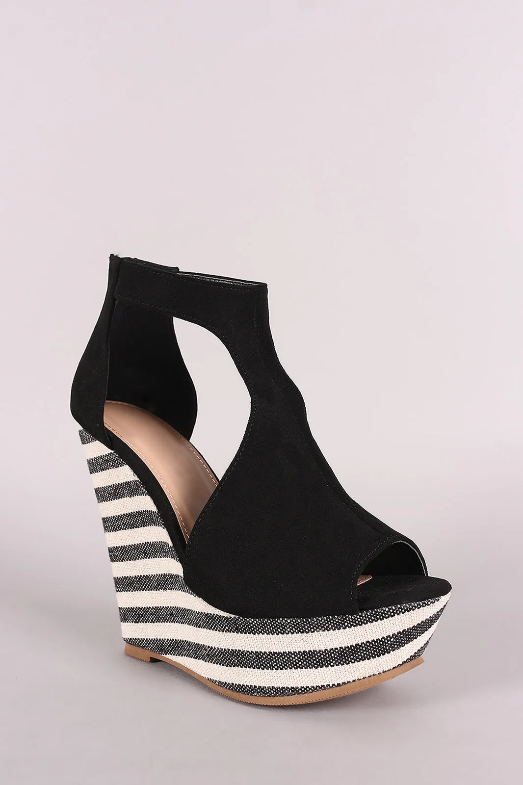 Suede T-Strap Striped Platform Wedge