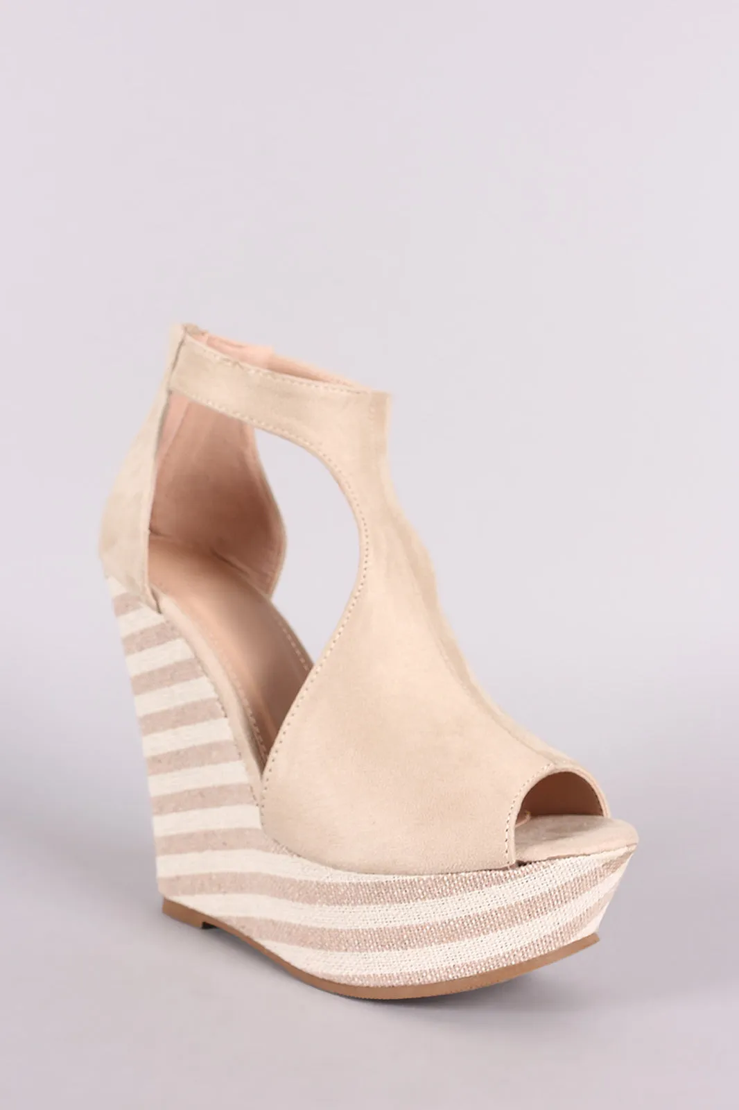 Suede T-Strap Striped Platform Wedge