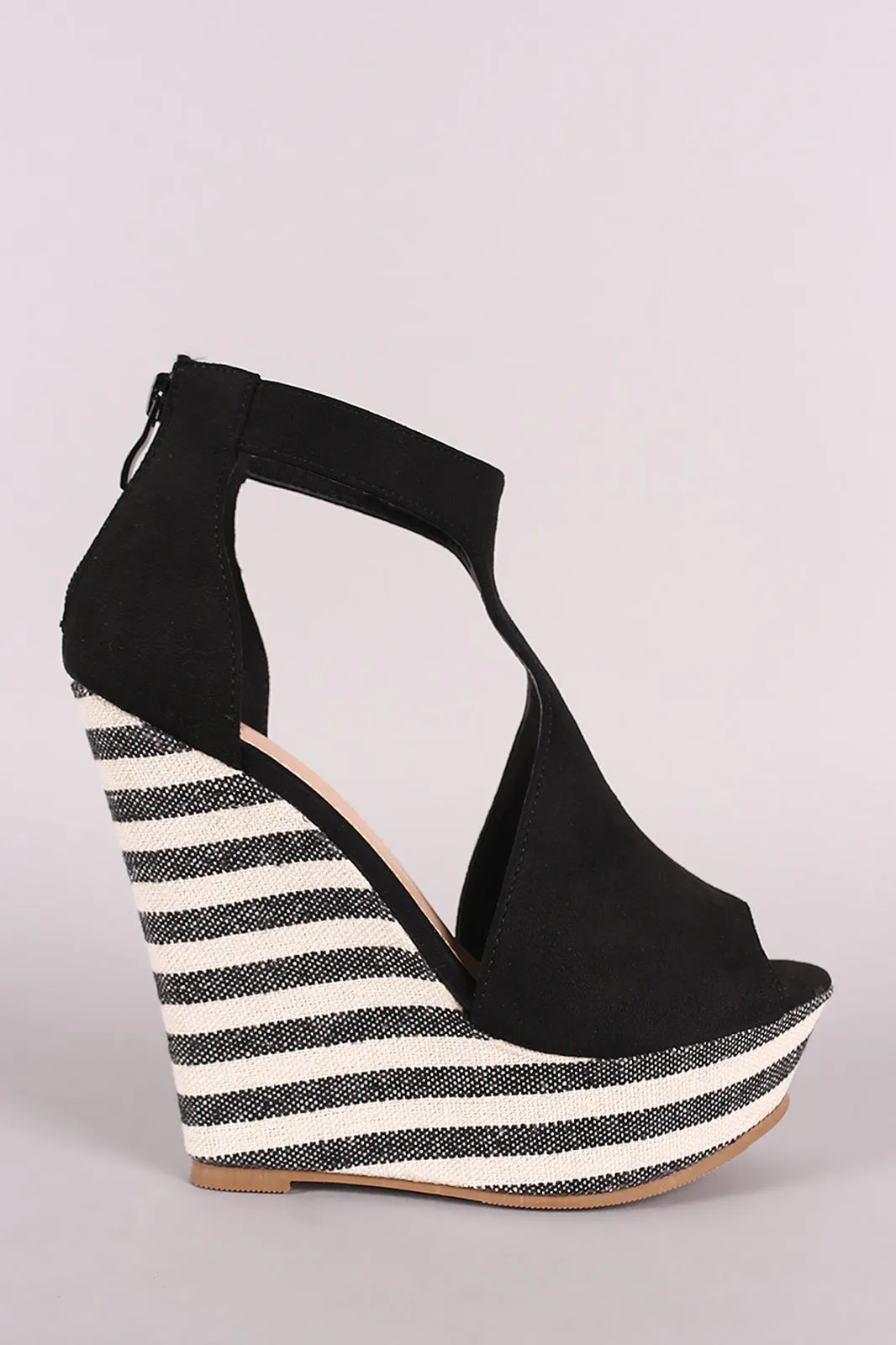 Suede T-Strap Striped Platform Wedge