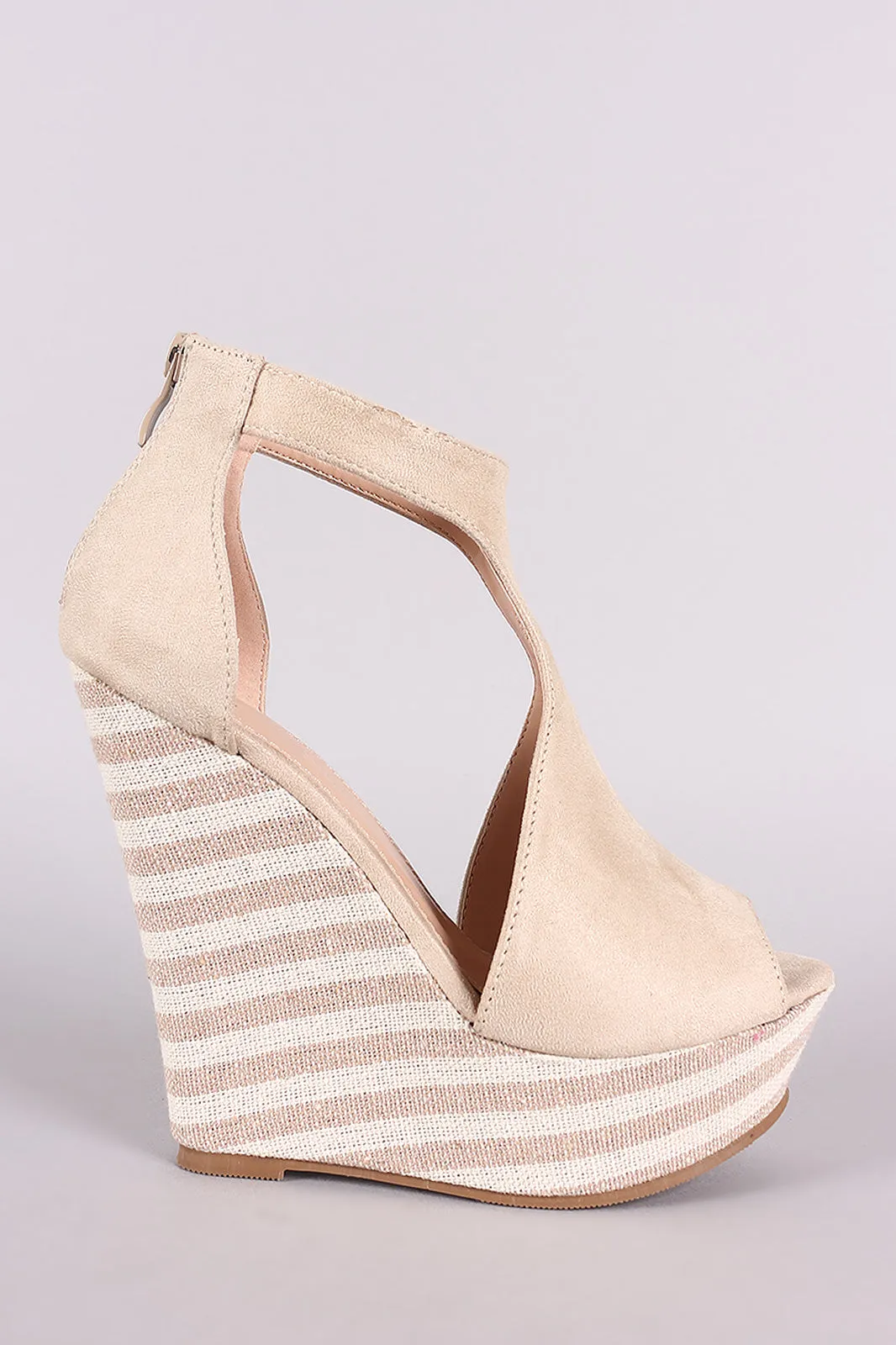 Suede T-Strap Striped Platform Wedge