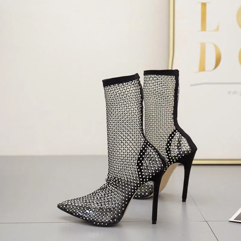 Summer Black Point Toe Cutout High Heel Sock Calf Boots