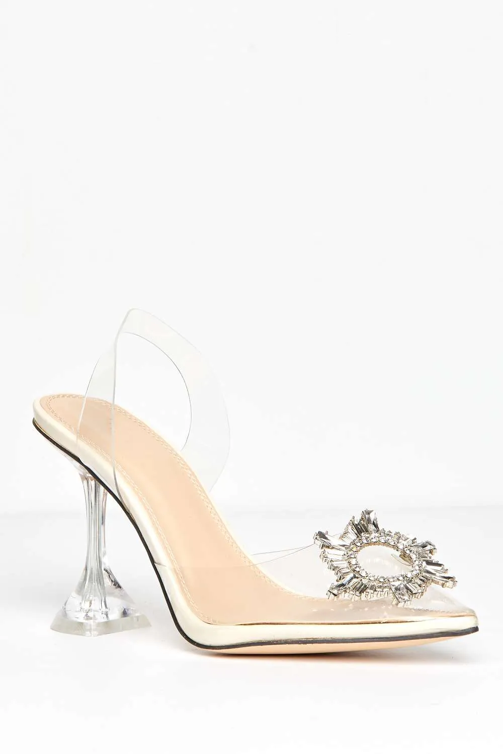 Teela Diamante Brooch Pointed Toe Court Shoes in Beige