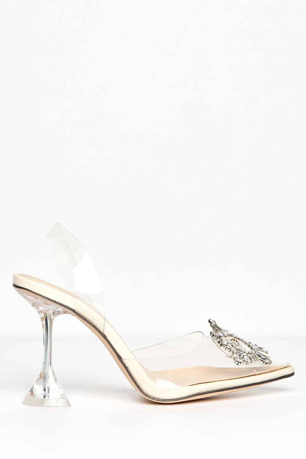 Teela Diamante Brooch Pointed Toe Court Shoes in Beige