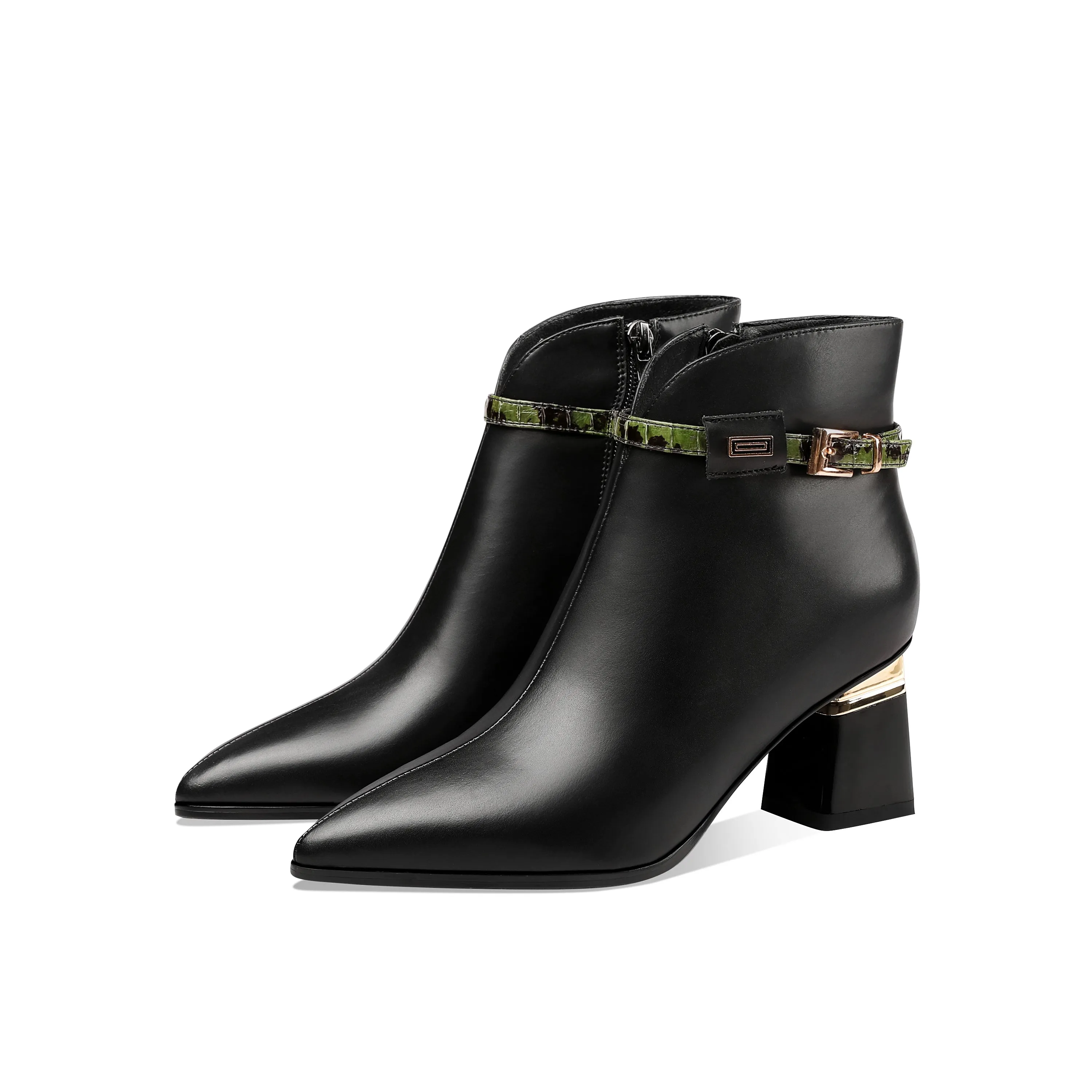 TinaCus Genuine Leather Women's Handmade Side Zip Up Green Belt Design Chunky Heel Black Ankle Booties