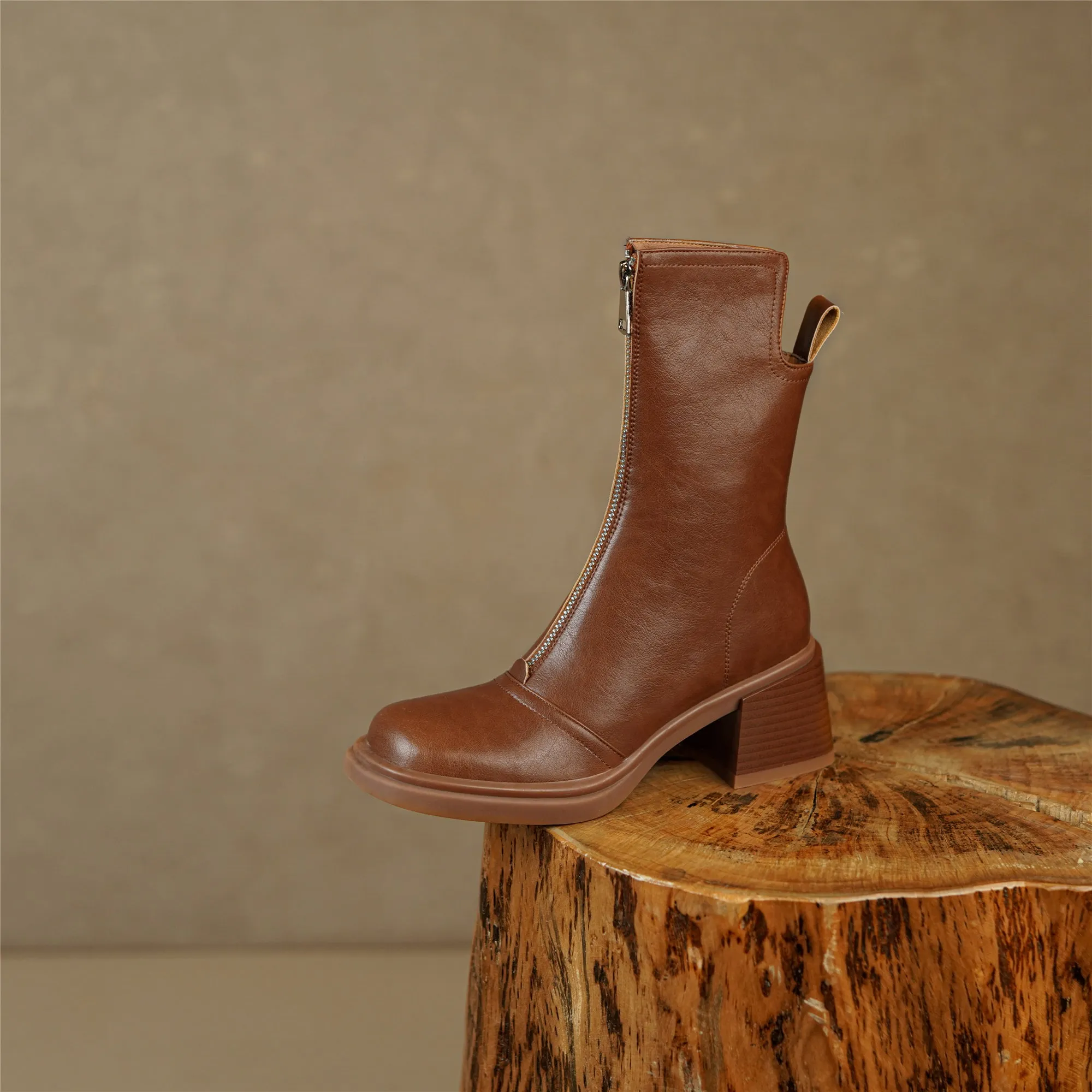 TinaCus Handmade Women's Genuine Leather Front Zipper Square Toe Mid Chunky Heel Ankle Boots Shoes