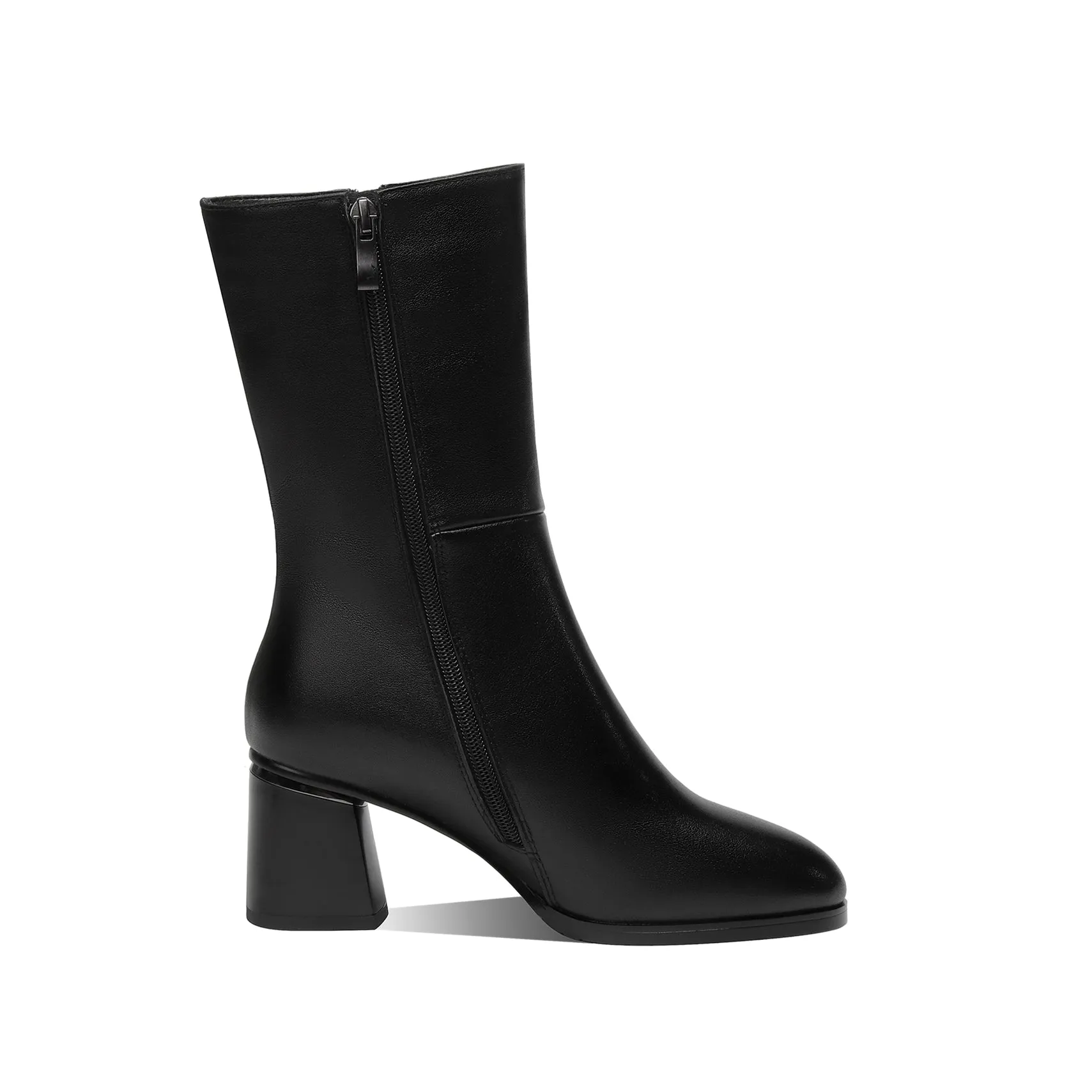 TinaCus Women's Round Toe Genuine Leather Handmade Dual Zippers Chunky Heels Classic Mid-Calf Boots
