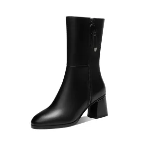 TinaCus Women's Round Toe Genuine Leather Handmade Dual Zippers Chunky Heels Classic Mid-Calf Boots