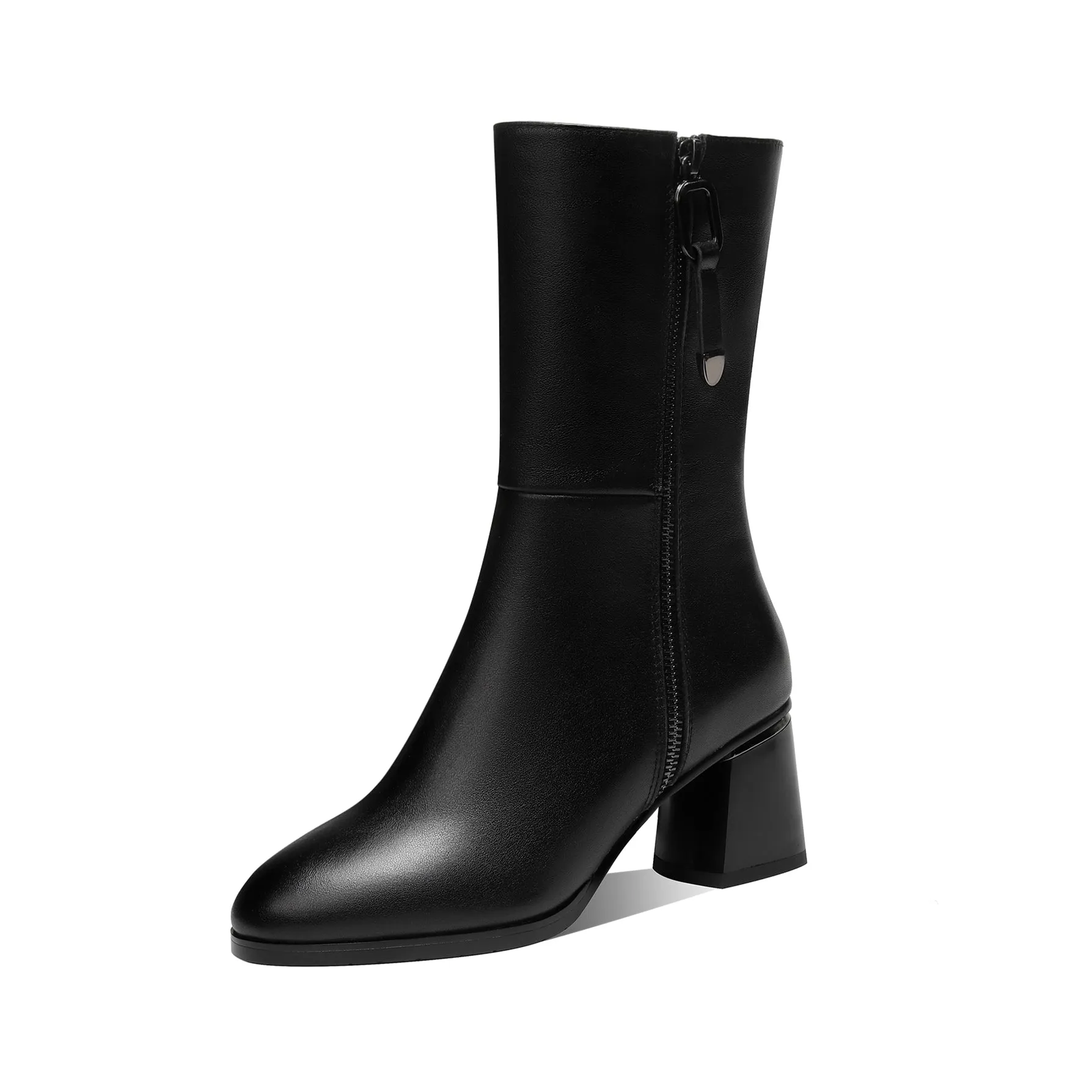 TinaCus Women's Round Toe Genuine Leather Handmade Dual Zippers Chunky Heels Classic Mid-Calf Boots