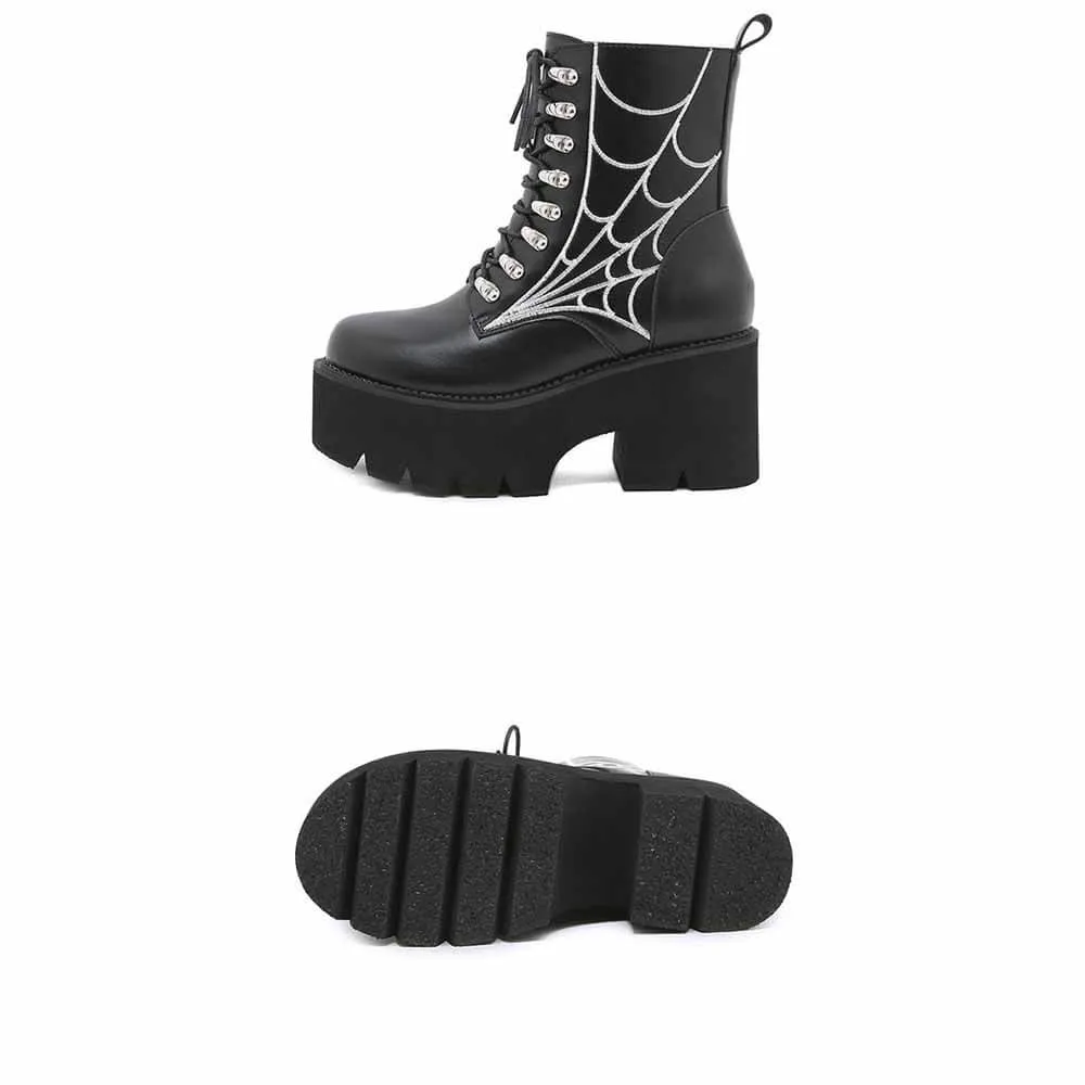 Vintage Chunky Heel Spiderweb Pattern Martin Boots