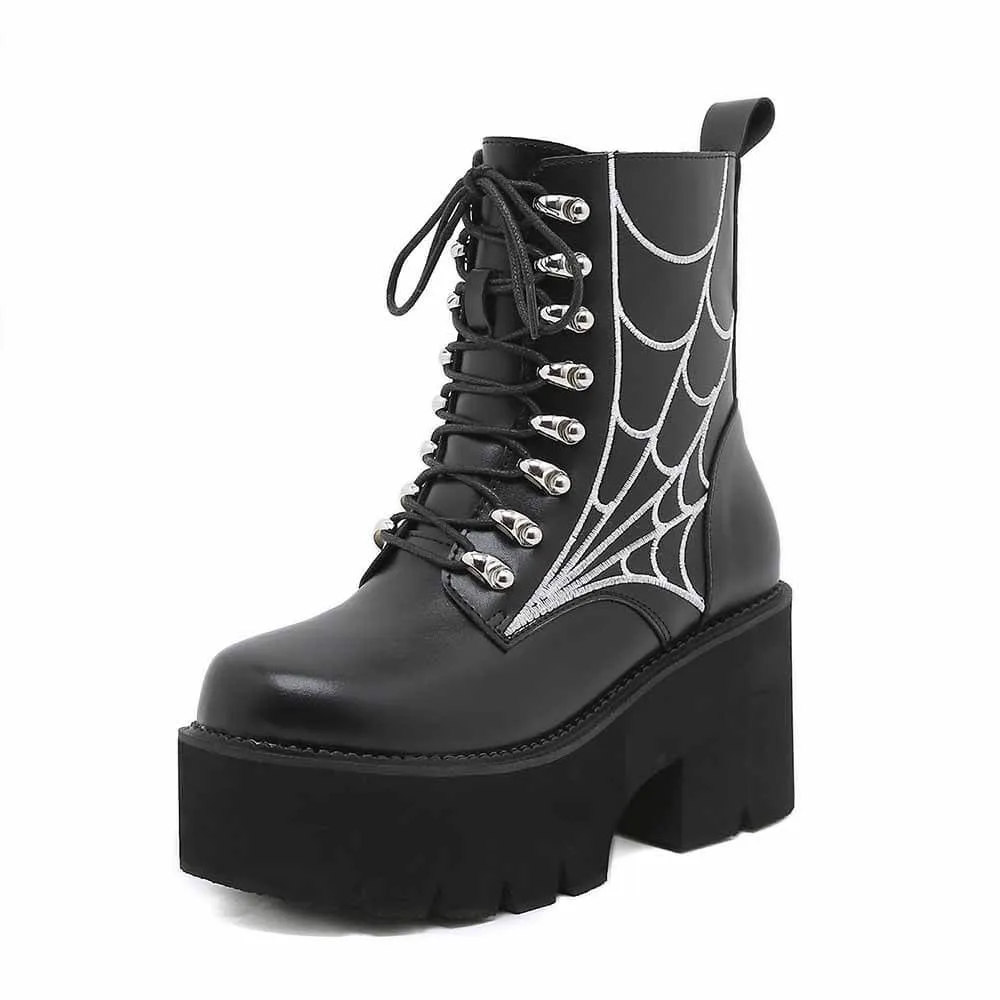 Vintage Chunky Heel Spiderweb Pattern Martin Boots