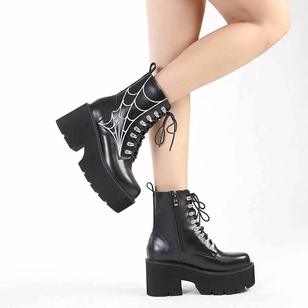 Vintage Chunky Heel Spiderweb Pattern Martin Boots
