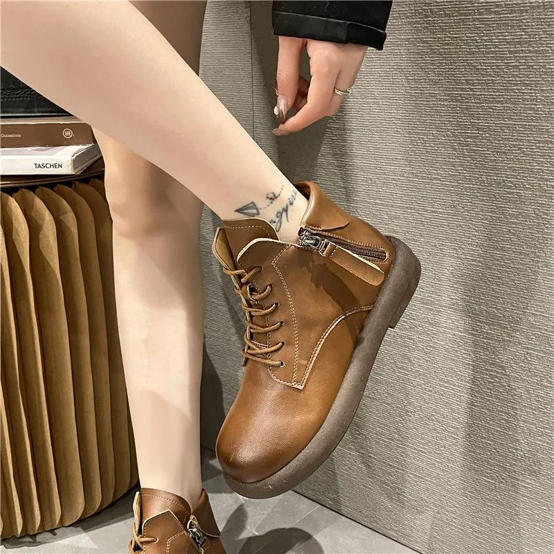 Waterproof Vintage Leather Zipper Boots