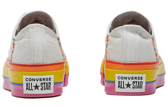 White Low Top Converse With Rainbow Platform- 9
