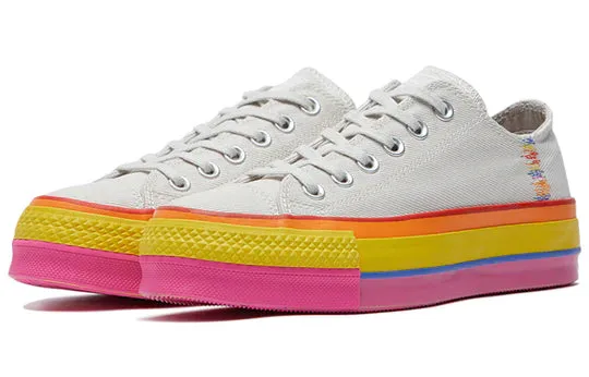 White Low Top Converse With Rainbow Platform- 9