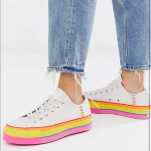 White Low Top Converse With Rainbow Platform- 9