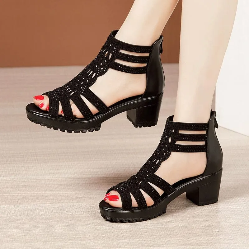 Women Thick-Soled Waterproof Platform Thick Heel Large Roman Fish-Mouth Shioes