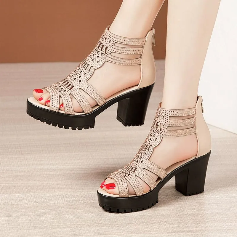 Women Thick-Soled Waterproof Platform Thick Heel Large Roman Fish-Mouth Shioes
