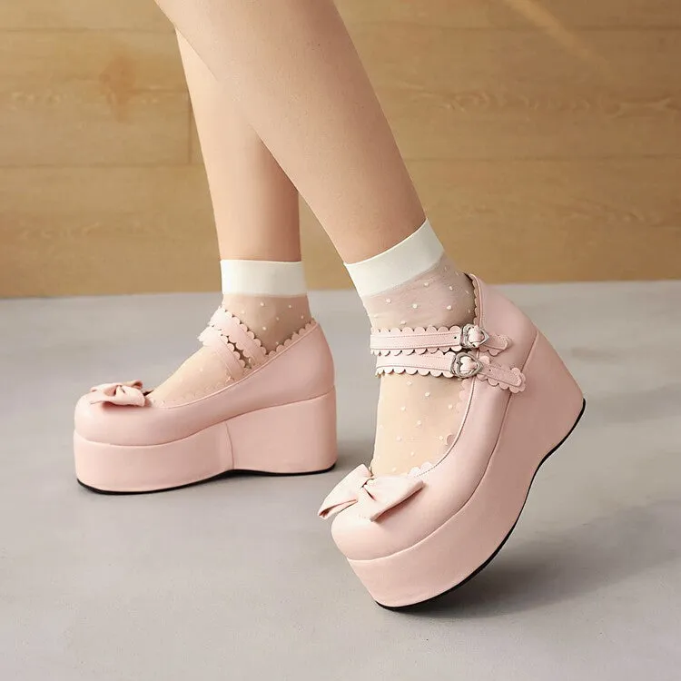 Women's Butterfly Knot Round Toe Double Ankle Strap Platform Flats