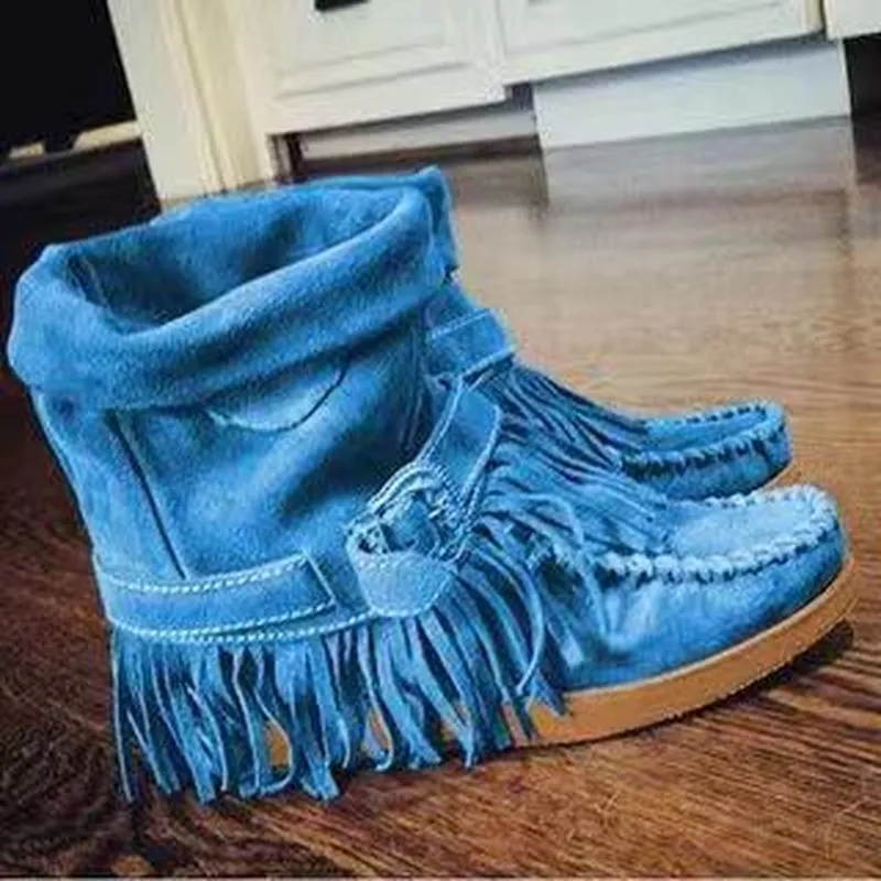 Women’s Suede Mid-Calf Moccasin Boots with Tassels