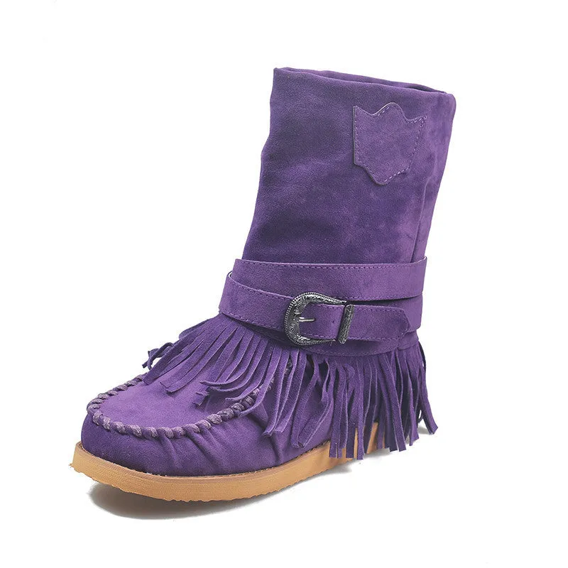 Women’s Suede Mid-Calf Moccasin Boots with Tassels