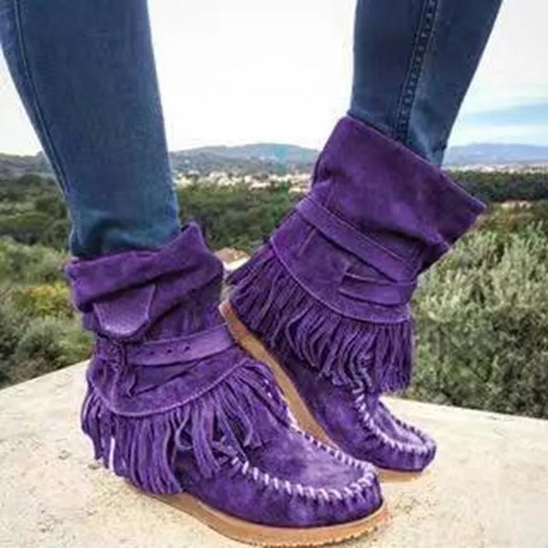 Women’s Suede Mid-Calf Moccasin Boots with Tassels