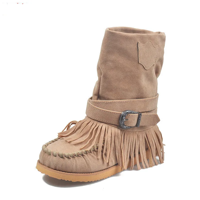 Women’s Suede Mid-Calf Moccasin Boots with Tassels