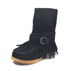 Women’s Suede Mid-Calf Moccasin Boots with Tassels