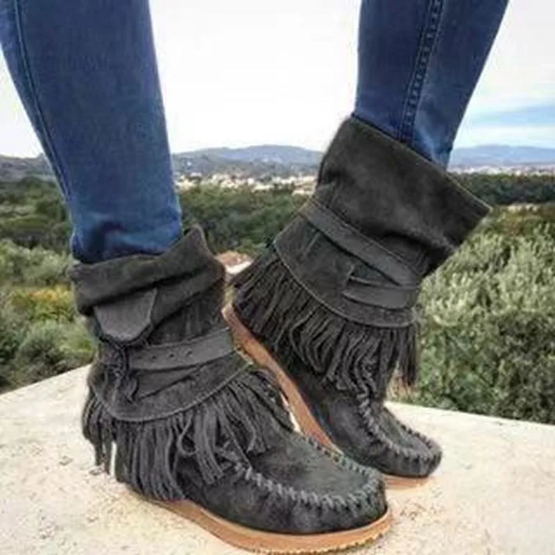 Women’s Suede Mid-Calf Moccasin Boots with Tassels