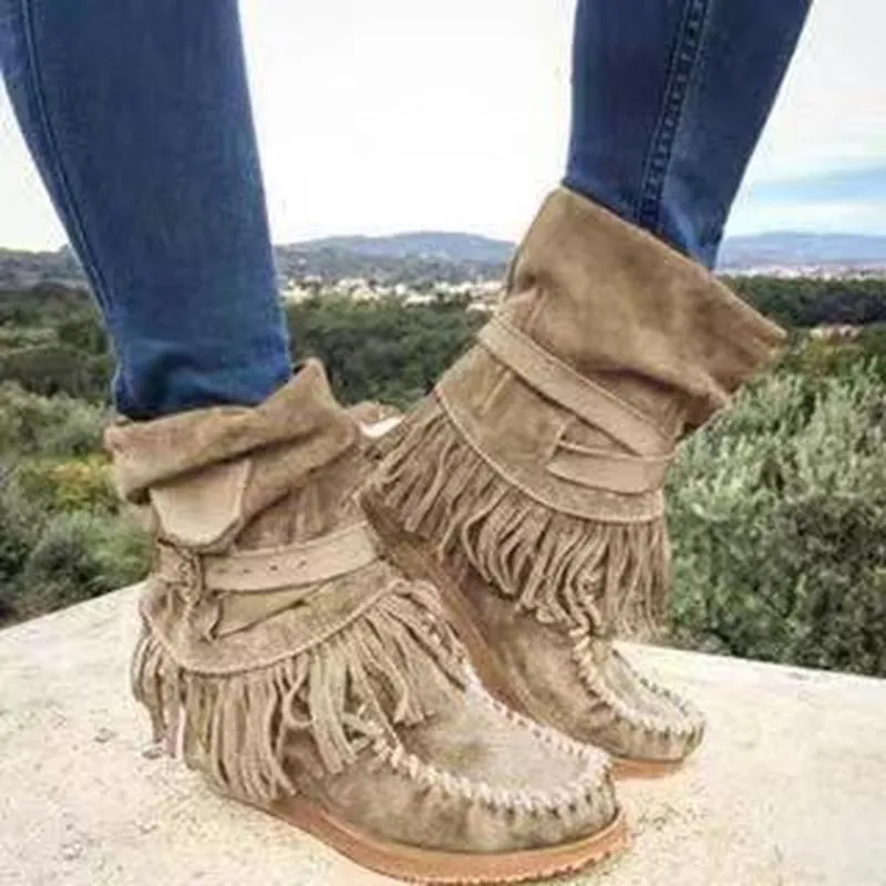 Women’s Suede Mid-Calf Moccasin Boots with Tassels