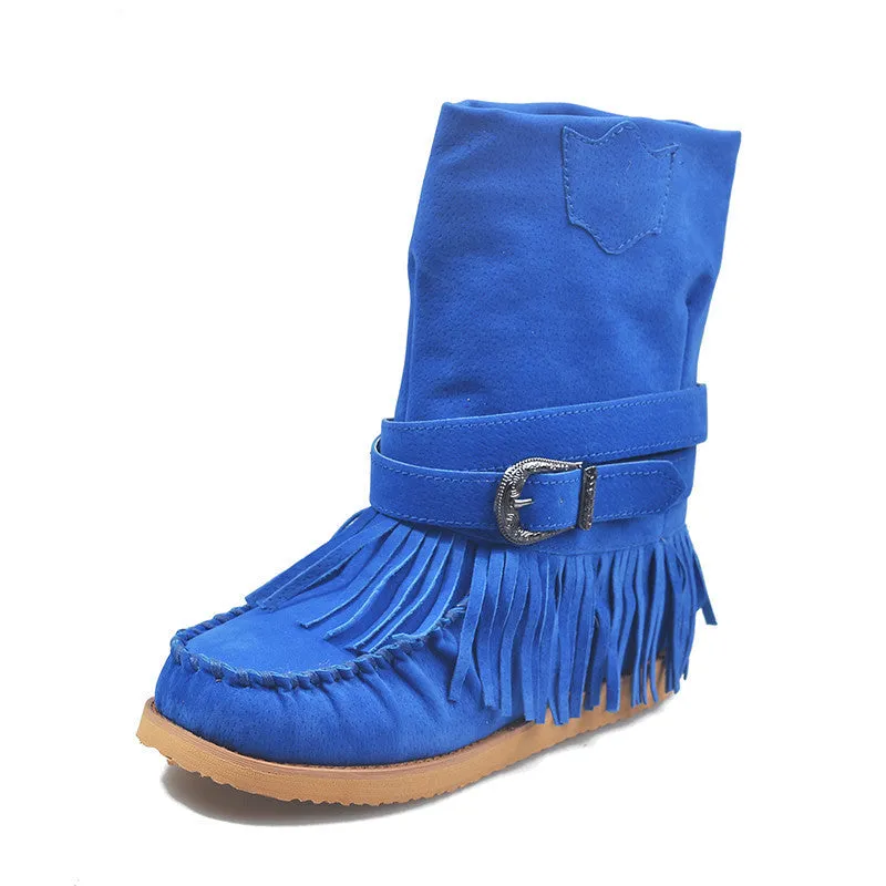 Women’s Suede Mid-Calf Moccasin Boots with Tassels