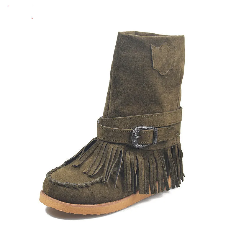 Women’s Suede Mid-Calf Moccasin Boots with Tassels
